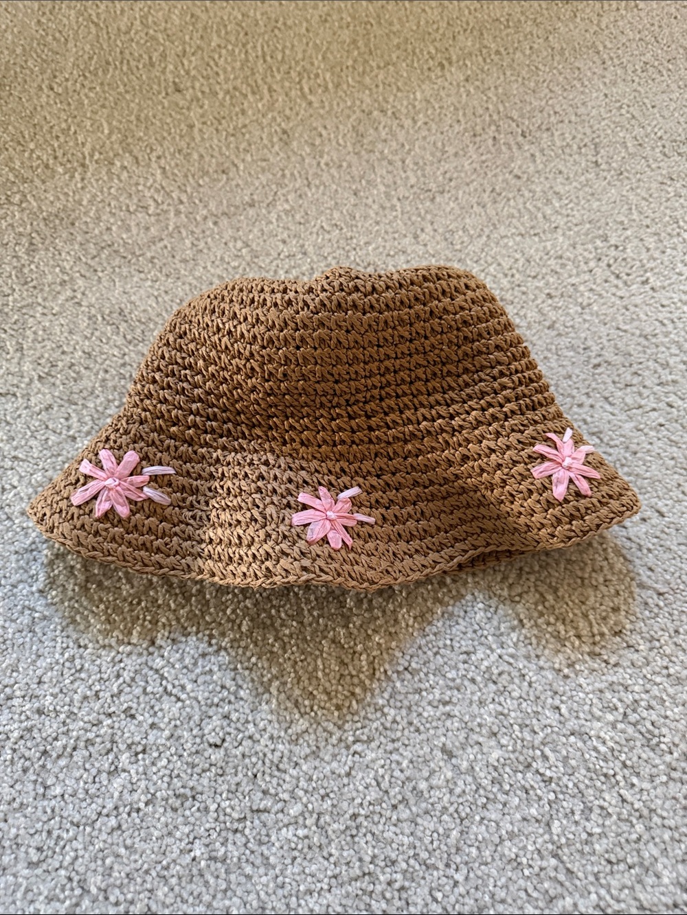 NWT Gap Kids Brown Crochet Bucket Hat with Pink Flower Accents